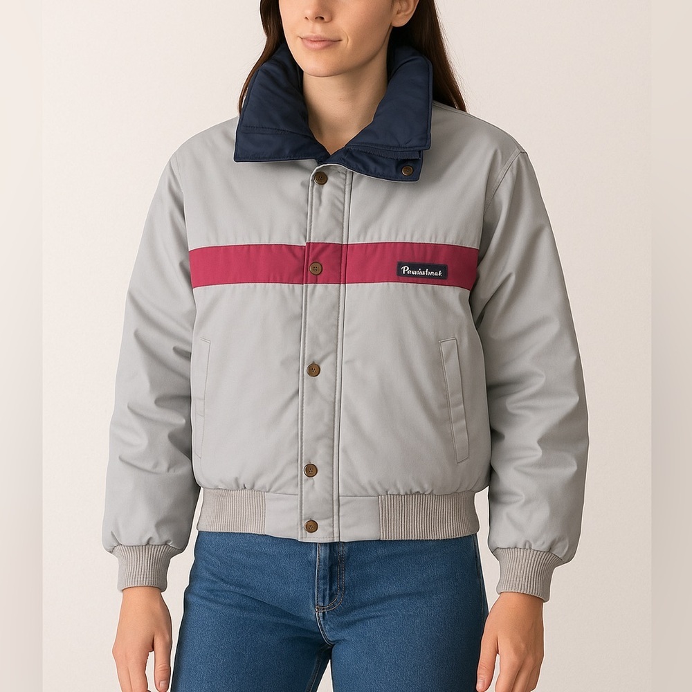 Vtg 80s Powderhorn Mountaineering Ski Jacket Wmns 10 Light Grey & Magenta Stripe